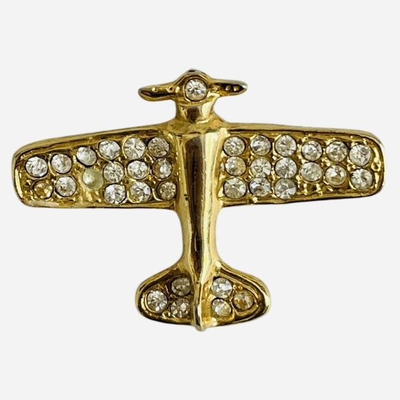 Vintage Gold Toned Metal Airplane Pin Brooch with Clear Crystals - Picture 4 of 4